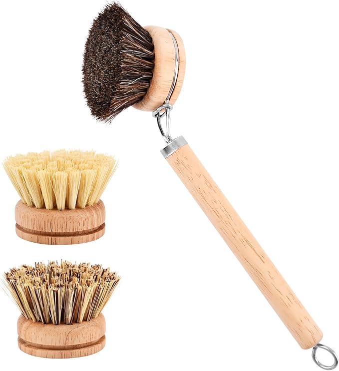 Bamboo Dish Brush Set, 1 Wooden Handle with 3 Natural Bristle Heads All Purpose Kitchen Scrub Brush with Sisal and Palm Horsehair for Cleaning Dishes Pans Vegetables(Color:Brown)