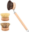 Bamboo Dish Brush Set, 1 Wooden Handle with 3 Natural Bristle Heads All Purpose Kitchen Scrub Brush with Sisal and Palm Horsehair for Cleaning Dishes Pans Vegetables(Color:Wood)