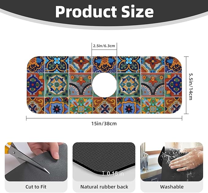Faucet Draining Mat For Kitchen Sink, Talavera Mexican Tiles Diatom Mud Absorbent Drain Pad For Bathroom Kitchen Sink Splash Guard Drying Mat