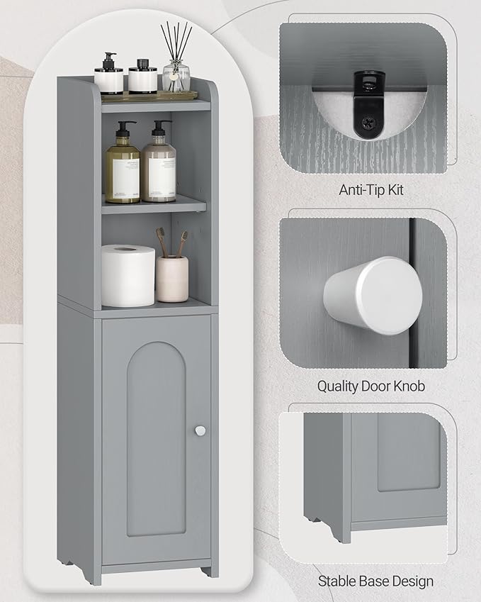 Bathroom Storage Cabinet, Corner Floor Cabinet with Doors and Adjustable Shelf, Narrow Toilet Paper Cabinets, Bathroom Organizer for Small Spaces, Gray BC19721X