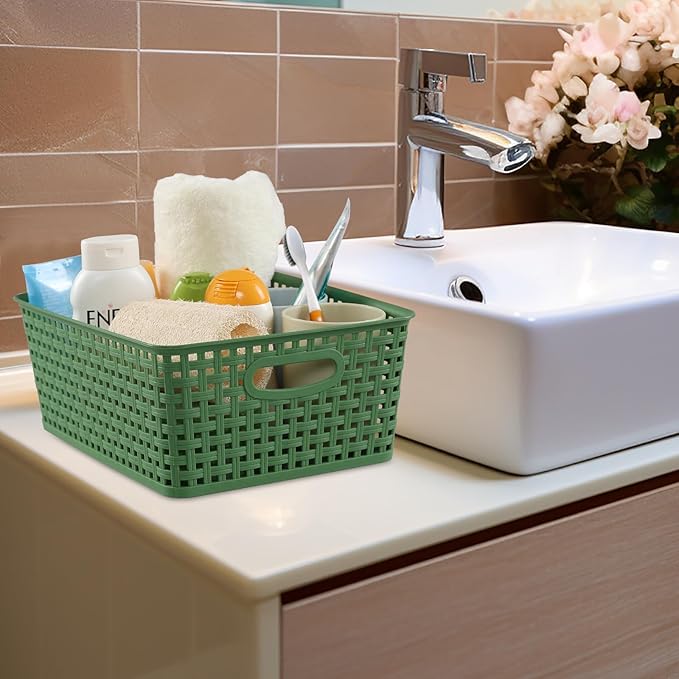 Taysisiter Plastic Weave Storage Basket, Plastic Storage Shelf Basket, 4 Packs