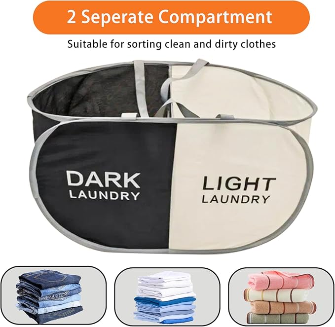 Foldable Pop Up Laundry Hamper, 2 Section Laundry Basket, Dirty Clothes Hampers Sorter Basket for Laundry, Cruise, Bedroom, College Dorms (Black Beige)