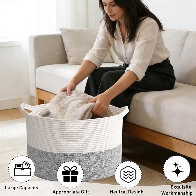 65L Large Blanket Basket,19.7" L x 19.7" W x 13" H Rope Woven Baskets with Handles, Toys Storage Bins,Laundry Basket Perfect for Living Room, Nursery,Bedroom,Home Organization,White&Grey