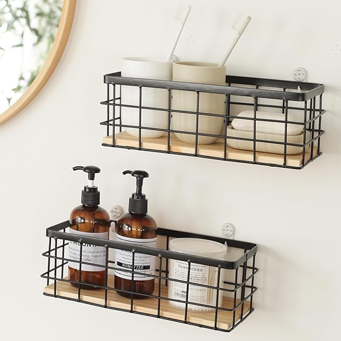 2-Pack Small Wire Baskets, Metal Wire Storage Baskets, Rustic Storage Bin Wood Base Containers Farmhouse Rectangle Organizer Tray for Home Kitchen Bathroom