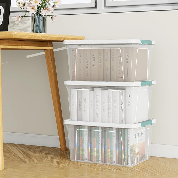 Tyminin 35 Quart Plastic Stackable Storage Container Tote with Secure Latching Lid for Home and Office Organization, Clear Box with White Lid (Pack of 6)