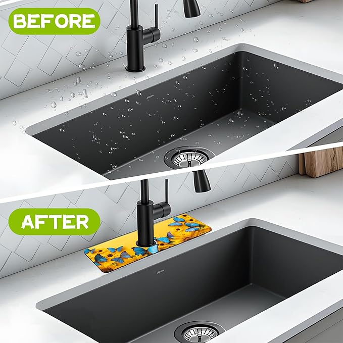 Kitchen Sink Splash Guard Faucet Mat Super Absorbent Fast Drying Mat Guard Behind Faucet Drip Catcher for Kitchen Bathroom (Sunflowers and Blue Butterflies, 23.5"X5.5")