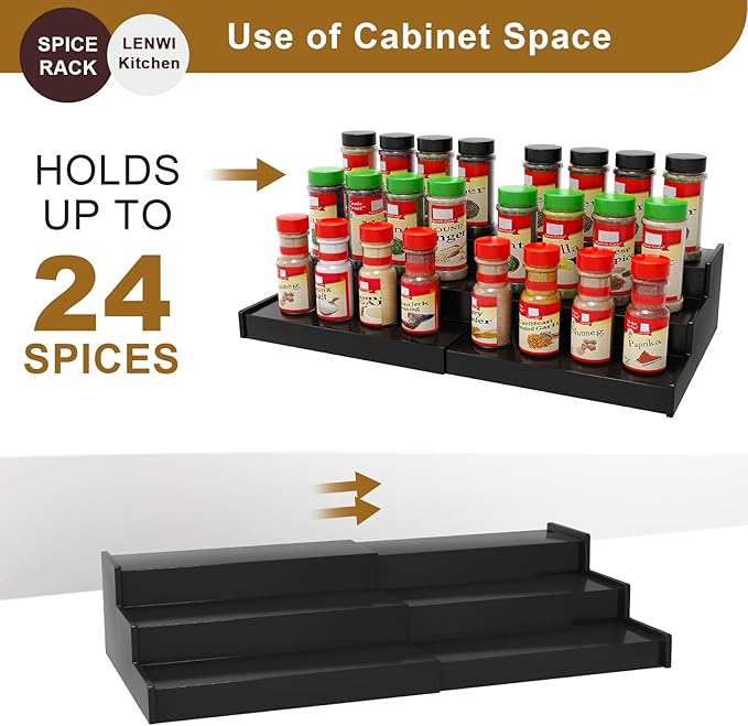 Spice Rack Organizer for Cabinet 2 Pack, 3 Tier Expandable Bamboo Spice Storage for Kitchen Cupboard Pantry, Black