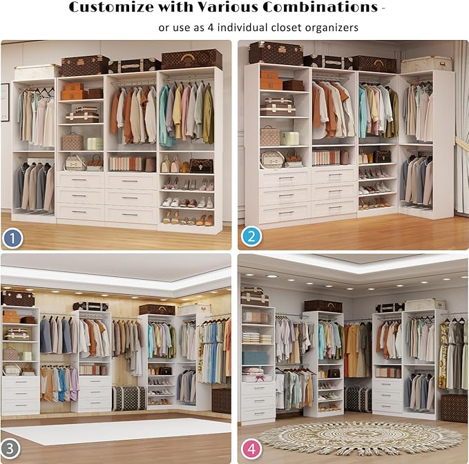 Closet System with 4 Sets, Closet Organizer Systems with 6 Drawers & 8 Hanging Rods & Adjustable Shelves, Walk in Closet Freestanding Closet System Modular Closet System Set White