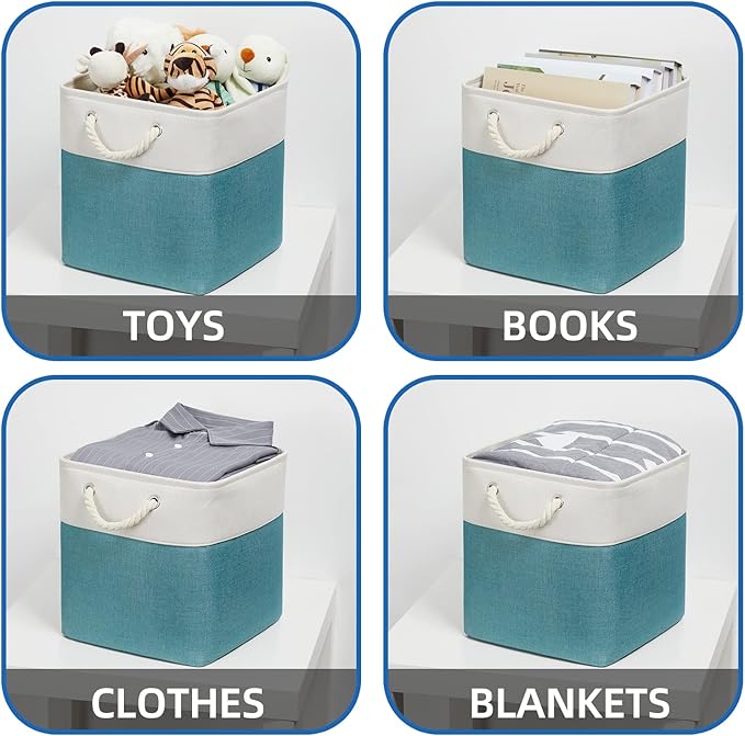 Temary Cubes Storage Baskets 12 Inch Cube Storage Bins for Shelf, Fabric Storage Cubes for Gift Empty Baskets for Home, Collapsable Box Basket for Storage (White&Teal)