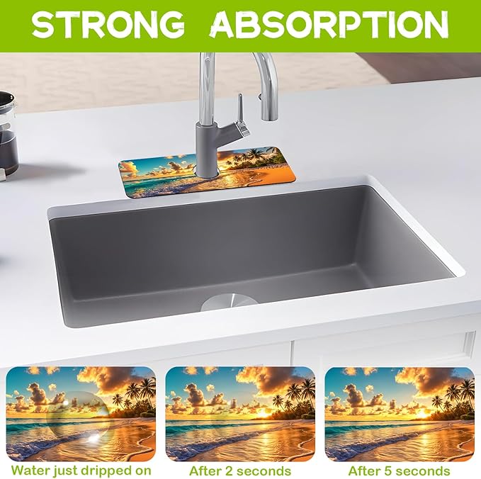 Sunset Beach Waves Palm Trees Kitchen Sink Splash Guard Faucet Mat Super Absorbent Fast Drying Mat Guard Behind Faucet Drip Catcher for Kitchen Bathroom, 15.5"X5.5"