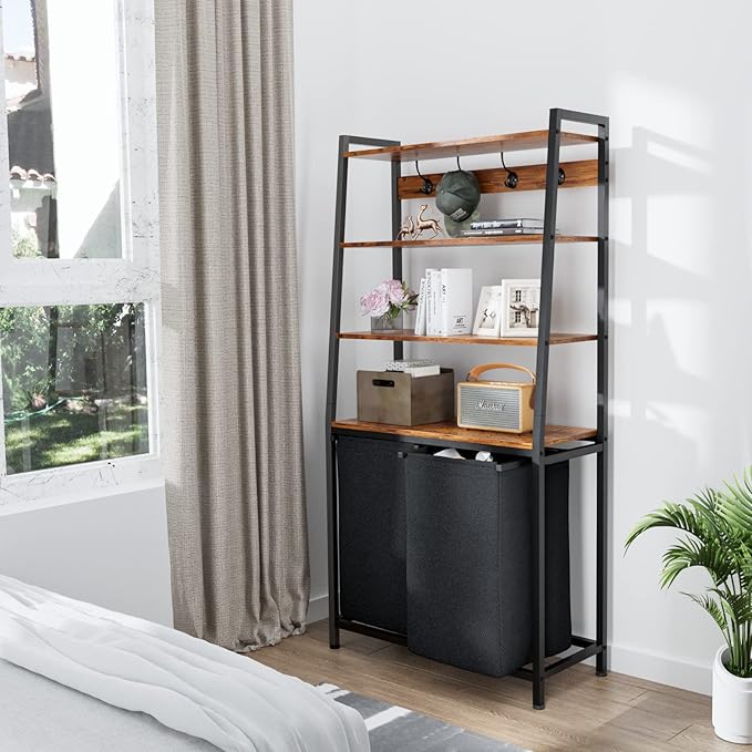 Furnulem 4 Tiers Laundry Hamper with Shelf and Hooks, Tall Laundry Basket Sorter with 2 Removable Bags, Double Clothes Hampers Organizers for Bathroom Bedroom