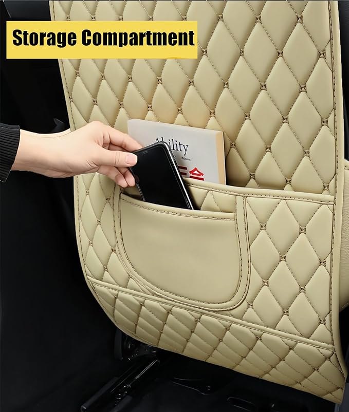 Leatherette Car Seat Protector - 2 Pack Large Car Kick Mats with Storage Pockets Organizer Seat Back Cover Against Dirty Shoes & Scratches, Universal Fit for Most Vehicles, Beige