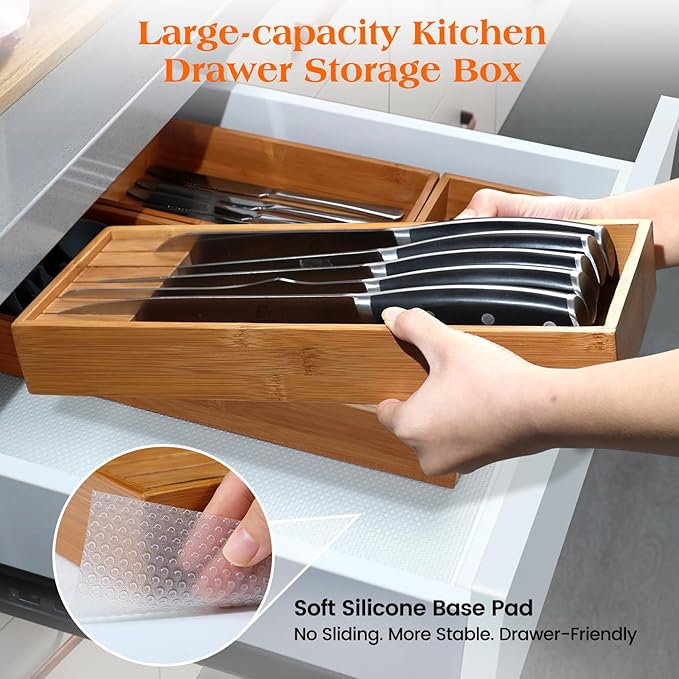 Carbonized Bamboo Kitchen Silverwar Drawer Organizer,14.2 inch Length Natural Utensil Flatware Organizers Tray Storage for Spoons Forks & Knives