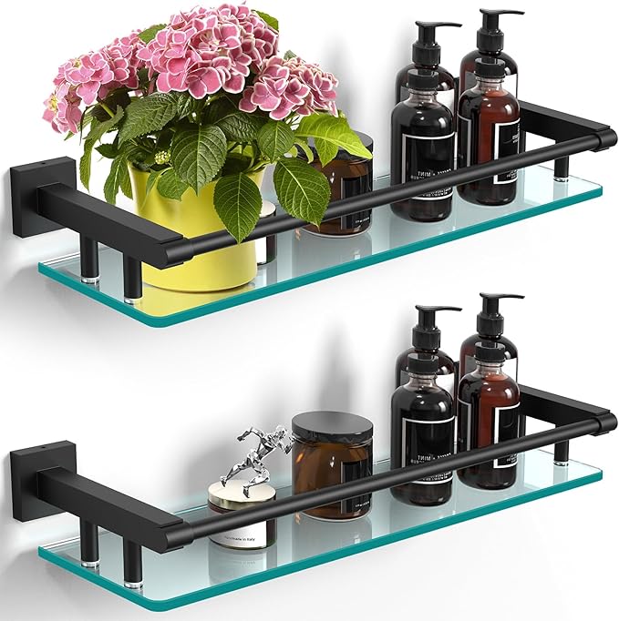 SFGSOWOR Bathroom Glass Shelf 20IN Rectangular Stainless Steel Tempered Glass Shelves Modern Stainless Steel Wall Mount Bathroom Shelf (Matte Black, 20‘’)