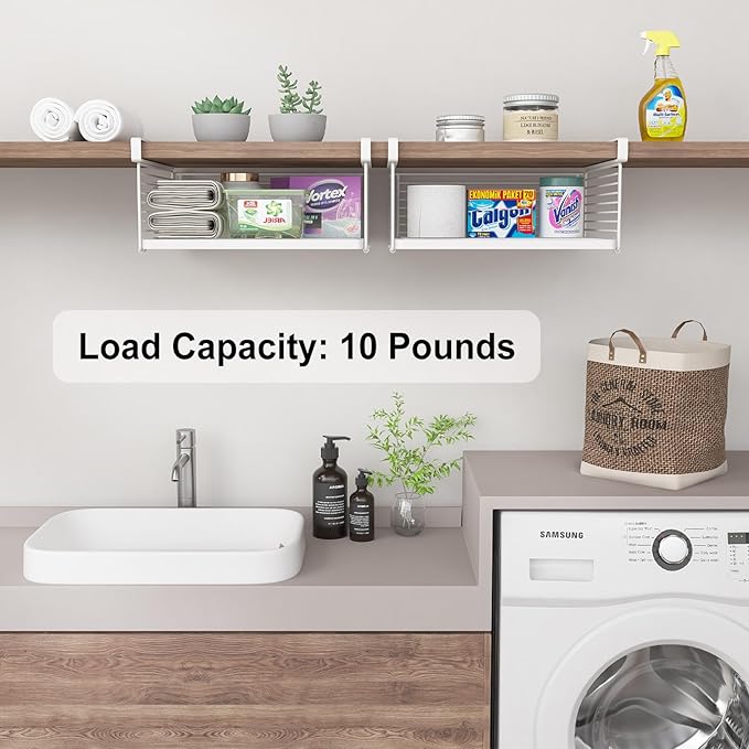 Under Shelf Storage Basket, Hanging Wire Basket with 1.13 Inches Thick Clips for Kitchen, Pantry or Laundry Room, Under Cabinet or Desk Storage Organizer, White, 2 Pack