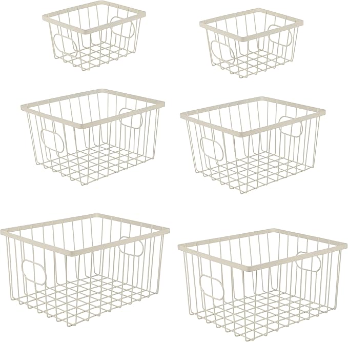 happimess BSK3001C-6SET Camden Vintage Industrial Wire Metal Nesting Storage Baskets for Shelves, Cabinets, Pantry, Countertop, Mesh Open Bin Basket for Organizing Supplies, Almond (Set of 6)