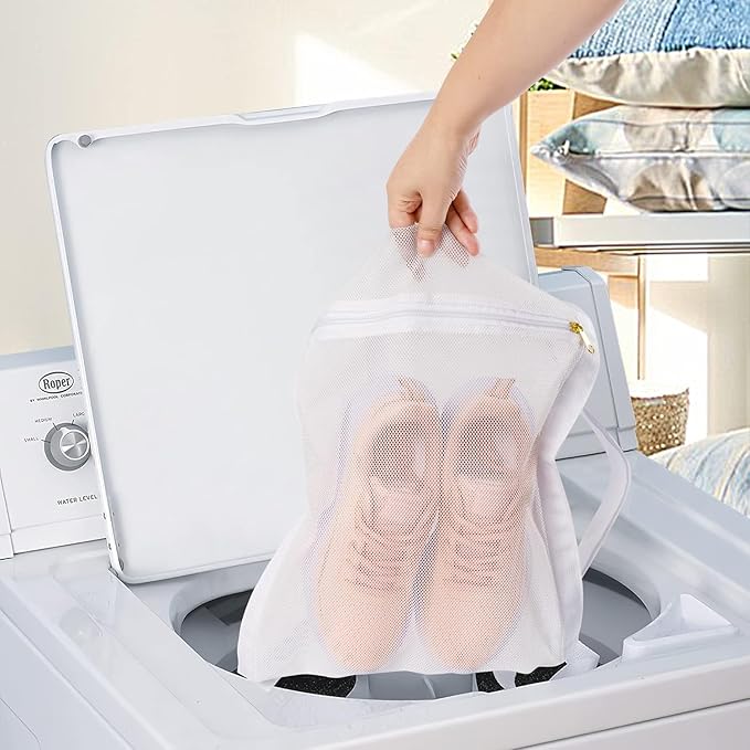 Sneaker Drying Bag, Shoe Dryer Mesh Bags, Sneaker Wash & Dry Net Bag for Dryer, Large HoneyComber Mesh Laundry Bags with Zipper and Strap for Most Dryers Door, 15.7"x13.8" (White & Grey)