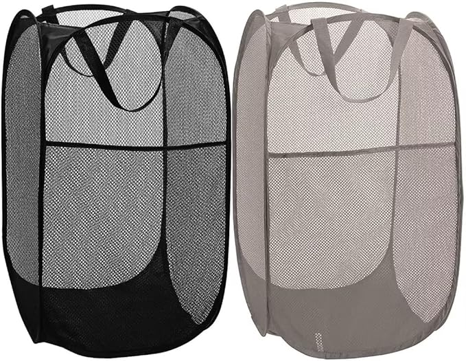 BATTOO Deluxe Strong Mesh Pop up Laundry Hamper Basket with Side Pocket Foldable Hamper for Laundry Room, Bathroom, Kids Room, College Dorm or Travel Black + Grey