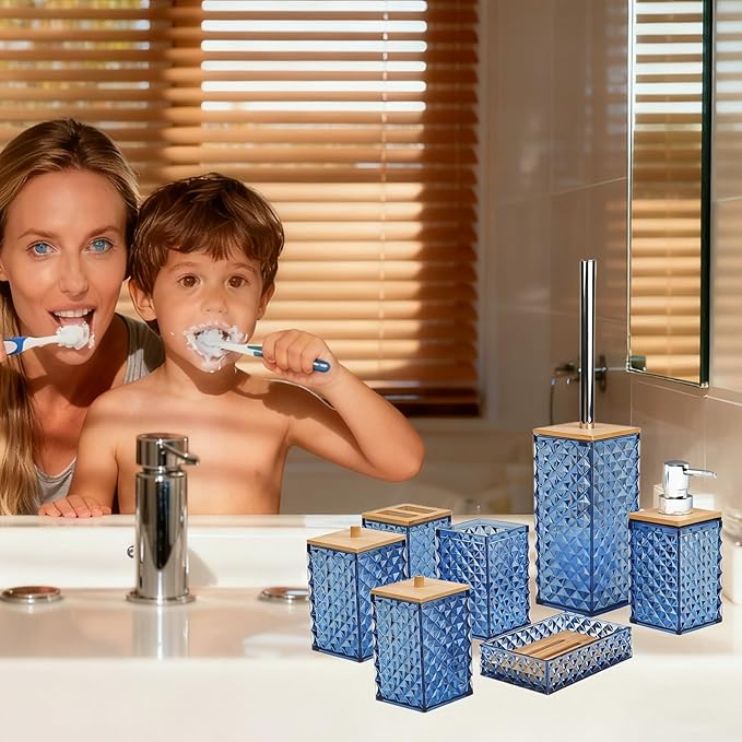 Bathroom Accessory Set,7 Pcs Blue Bathroom Set Include Soap Dispenser, Qtip Holder Dispenser, Soap Dish,Toilet Brush,Toothbrush Holder & Mouthwash Cup.Boho Bathroom Set