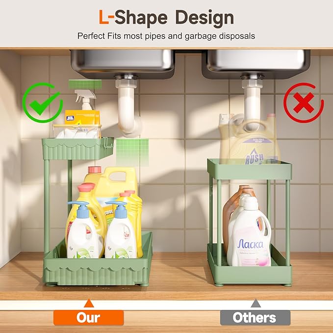 3 Pack Multi-Purpose Under Sink Organizers and Storage, 2026 L-Shaped Pull Out Cabinet Organizer for Bathroom & Kitchen, Under Cabinet Organizer with Hooks Hanging Cup, Green