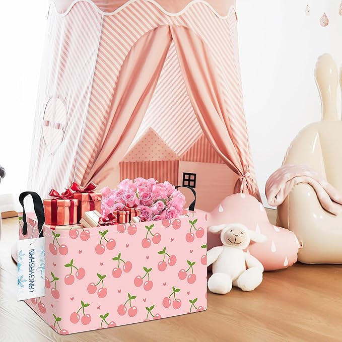 LANGYASHAN Rectangular Storage Bin Collapse Canvas Fabric Cartoon Storage Basket with Handles for Organizing Home Kitchen Boys and Girls Toys Office Closet Shelf Baskets (Rec Pink Cherry)