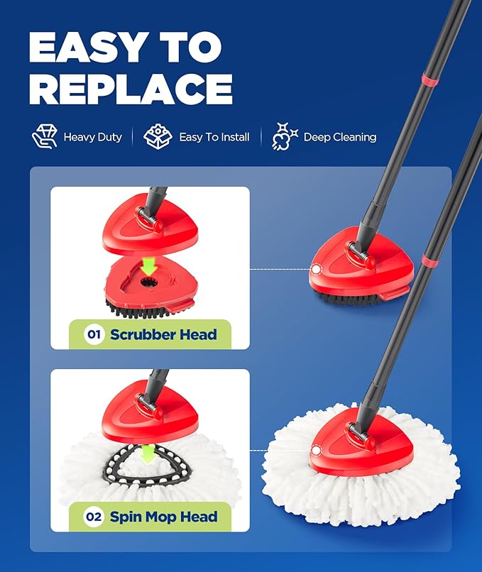 4-in-1 Mop Heads Replacements for O Cedar EasyWring 1 Tank System, Includes 1 Base | 1 Scrub Brush Head | 2 Spin Mop Heads, Full Set Mop Replace Heads for Cleaning Home, Bathroom & Kitchen