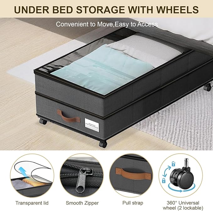 2 Pack Under Bed Storage with Wheels & Clear Lids – 72L XXL Large Capacity Under bed Storage Organizer for Clothes, Toys, Blankets | Space-Saving Stackable Design | Bedroom Storage Solution