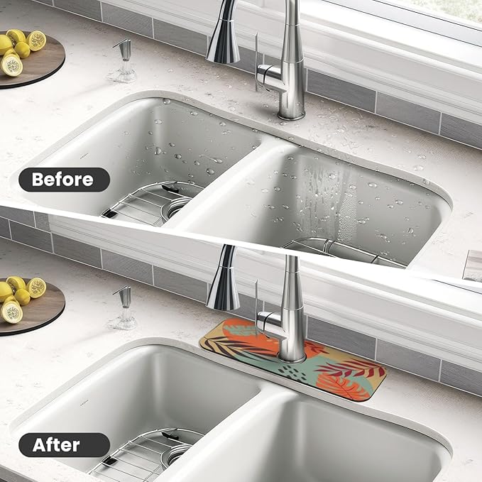 Boho Bohemian Abstract Floral Leaves Kitchen Sink Splash Guard Faucet Mat Super Absorbent Fast Drying Mat Sink Gadgets-Fast Drying Pad Sink Mat For Kitchen Bathroom (15" X 5.5" )