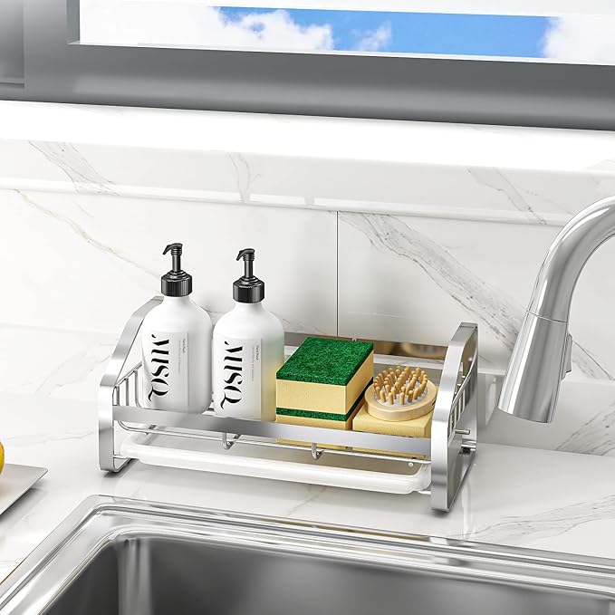 Sink Caddy,Sponge Holder for Kitchen Sink, Kitchen Bathroom Sink Organizer,304 Stainless Steel Kitchen Countertop Organizer Soap Tray with Removable Drain Tray Length Version - Silver