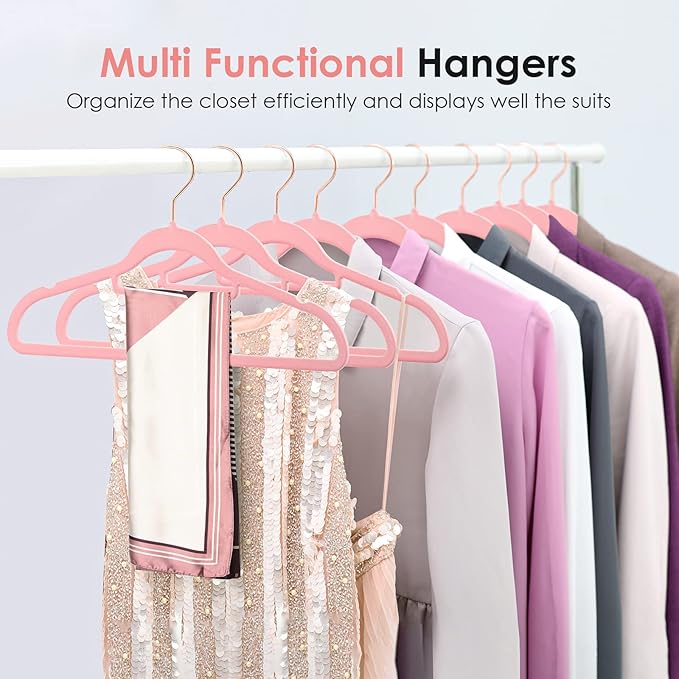 Velvet Hangers Non Slip Felt Hangers, 50 Pack Pink Velvet Clothes Hangers Space Saving Slim with 360 Degree Swivel Hook for Suits Coats, Jackets, Pants, and Dress Clothes