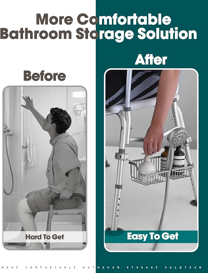Rustproof Hanging Shower Caddy for Shower Chair, Stainless Steel Bathroom Basket for Bathroom Chair Bench,Showers Caddy Chair with Hooks, Shampoo Bottle Holder for Elderly, Pregnant, Handicap, Patient