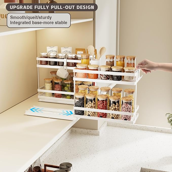 Pull Out Spice Rack Organizer for Cabinet, 2 Pack Metal Seasoning Organizer Slide Out Spice Storage Shelf No Assembly Vertical Spice Rack Pullout for Kitchen & Bahthroom No Drill(2 Tier,White)
