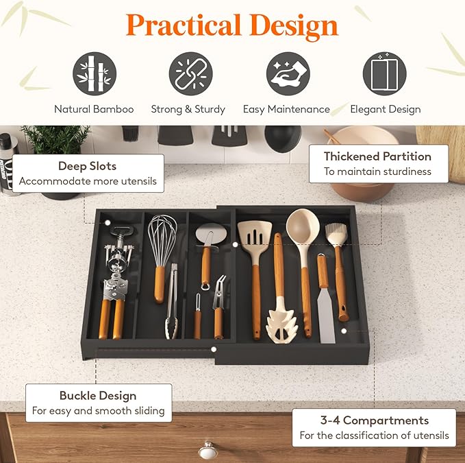 Lifewit Utensil Organizer for Kitchen Drawer, Expandable Cooking Utensil Tray, Cutlery Silverware Flatware Holder, Wood Adjustable Spatula Tools Storage Divider, 30-55 x 40cm, Black