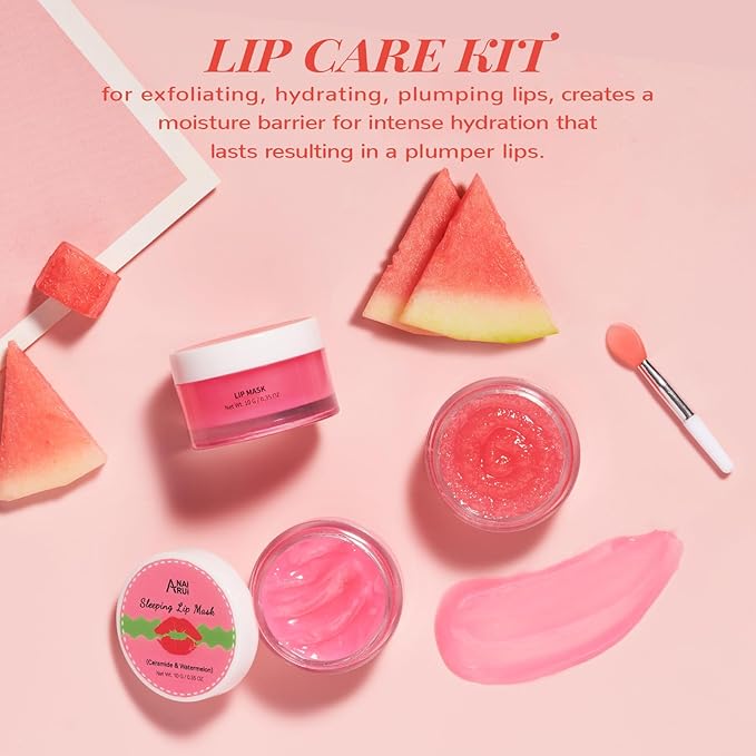 Hydrating Lip Mask Set, Lip Scrub & Lip Butter, Overnight Lip Treatment Set Enriched With Ceramide, Watermelon and Shea Butter, For A Softer & Smoother Lips, Overnight Lip Mask Gifts