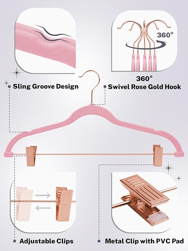 HOUSE DAY Velvet Skirt Hangers 24 Pack, Non Slip Pants Hangers with Rose Gold Clips, Ultra Thin Velvet Hanger Space Saving, Heavy-Duty Clothes Hanger for Trouser, Jeans, Dresses, Coats (Pink)