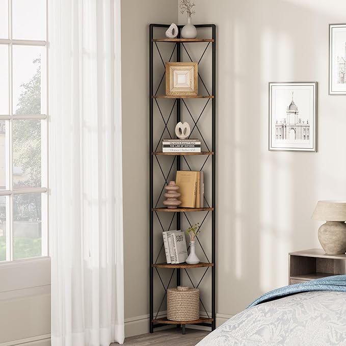 6 Tier Corner Shelf Stand, 78" H Tall Industrial Corner Bookshelf for Living Room Decor, Metal Corner Shelf, Plant Stand Display Shelf for Bedroom, Bathroom, Small Space, Rustic Brown