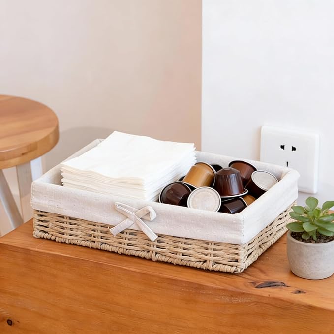 Set of 4 Wicker Baskets for Organizing – Khaki Paper Rope, Fabric Lined Shallow Shelf Storage Bins, Handwoven Rectangular Pantry & Closet Organizer Baskets