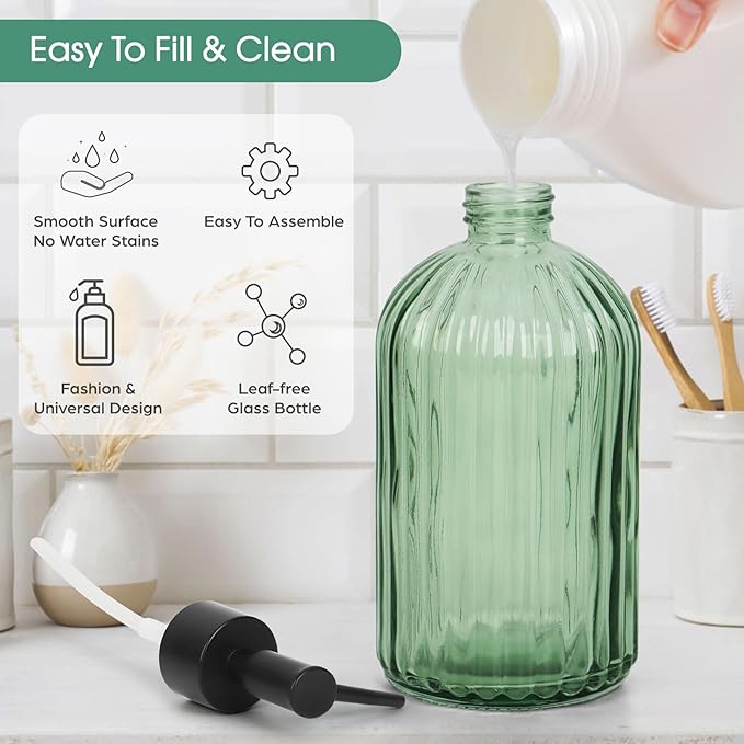 Topsky 2 Pack Glass Soap Dispenser with Plastic Pump, 400ml Liquid Hand Soap Dispenser, Rustproof Pump for Kitchen & Bathroom, Great for Lotions, Essential Oil, Liquid Soaps,Army Green