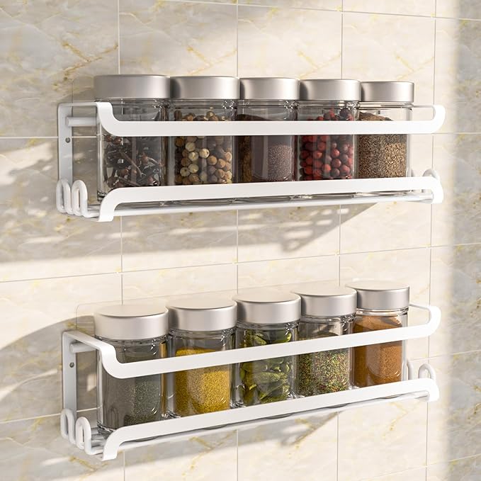 LUCYCAZ 2 Pack Wall Mounted Spice Rack with 8 Hooks, Spice Organizer Shelf for Stove Cabinet Pantry Door,Screw or Adhesive Spice Shelf Hanging Wall Spice Rack in Kitchen and RV (White, 2 PACK)