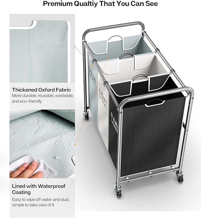 ROMOON Laundry Sorter Hamper 3 Section, Divided Laundry Basket Organizer with Heavy Duty Lockable Wheels and Removable Bags, Rolling Clothes Hamper for Apartment, Dorm & Family (130L Multicolor)