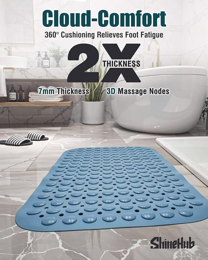 ShineHub Non-Slip Bath Mat for Tub Shower, TPE Machine Washable Bathroom Essentials with Suction Cups, Quick-Dry 28x16 Inch (Seashell Blue)
