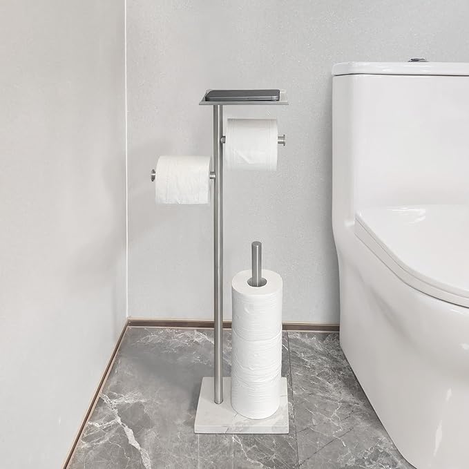 GZILA Toilet Paper Holder Stand with Shelf, Marble Base Heavy Free Standing Toilet Paper Double Roll Holders SUS304 Stainless Steel Brushed Nickel, Storages 4 Reserve Rolls Dispenser