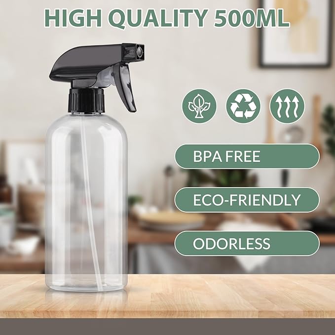 Bynccea Plastic Spray Bottles 2 Pack Clear Empty Spray Bottle 16oz 500ml Squirt Bottle Sprayer for Hair, Cleaning, Plants