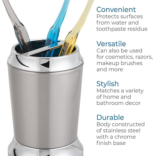iDesign Stainless Steel Toothbrush Holder, The Preston Collection – 3" x 3" x 4.5”, Brushed & Chrome Split Finish