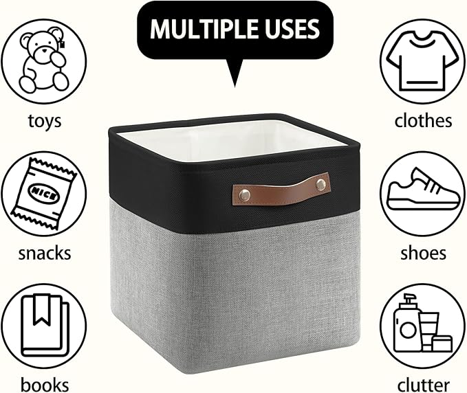 6-Pack Foldable Fabric Storage Cubes 11x11 Inch, Sturdy Cube Organizer Bins with Leather Handles, Storage Baskets for Closet Shelves and Home Organization(Black/Gray)