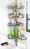 HAMITOR Shower Caddy Tension Pole: 4-Tier Corner Rustproof Bathroom Organizer with Soap Holder - No-Drill Adjustable Shower Shelf for Renters - Small Space Storage Rack for Apartment - 47-123 Inch