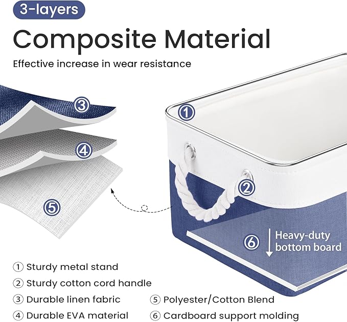 Storage Baskets for Shelves 13.8x9.8x6.7 Inch, Foldable Fabric Storage Bins with Handles, Small Storage Baskets for Organizing Closet, Office, Home Organization (3-Pack, White&Blue)