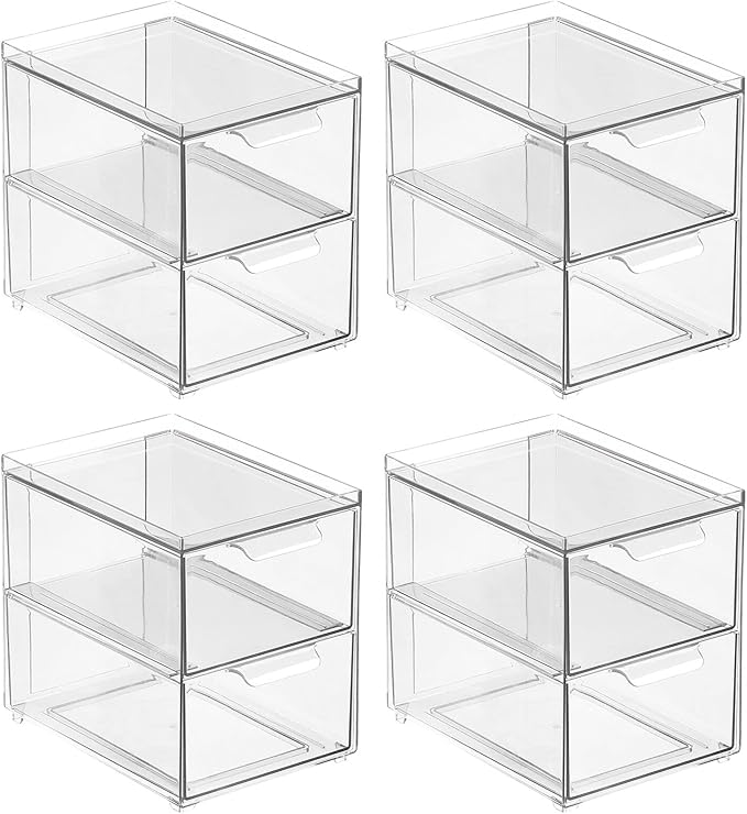 mDesign Stackable Storage Containers Box with 2 Pull-Out Drawers - Stacking Plastic Drawer Bins for Closet Organization, Linen, Coat, Bedroom or Entryway Closets - Lumiere Collection - 4 Pack, Clear
