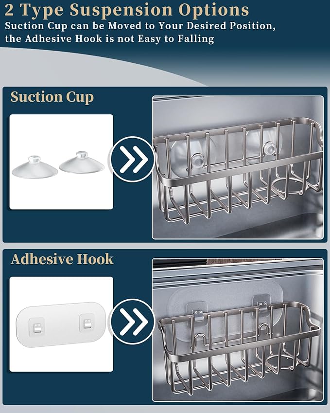 Consumest Sponge Holder Sink Caddy - Ladder Shaped Sponge Holder for Kitchen Sink with 2 Installation Ways (Suction Cups & Adhesive Hook), Rustproof Stainless Steel Kitchen Organizer, Sand Nickel