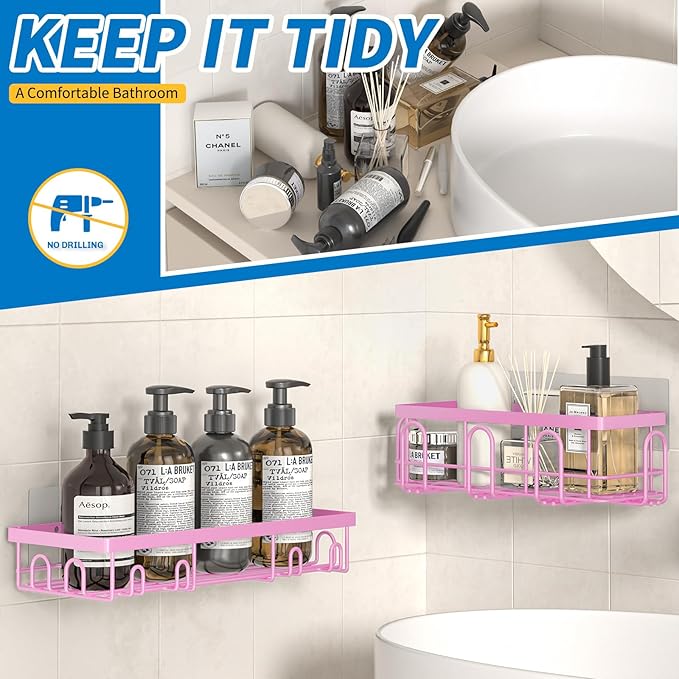 Shower Caddy 18 Pack,Adhesive Organizer for Bathroom Decor Accessories & Kitchen Storage,No Drilling,Large Capacity,Rustproof Stainless Steel Organizer,Home Decor Shelves (Pink 18 Pack)